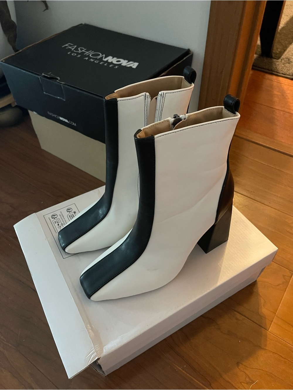 SHEIN White and Black Colorblock Square Toe Block Heel Ankle Boots